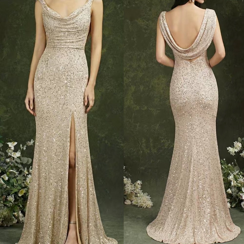 Luxurious slit thigh draped back party formal prom sequins gown dress - Picture 1 of 7